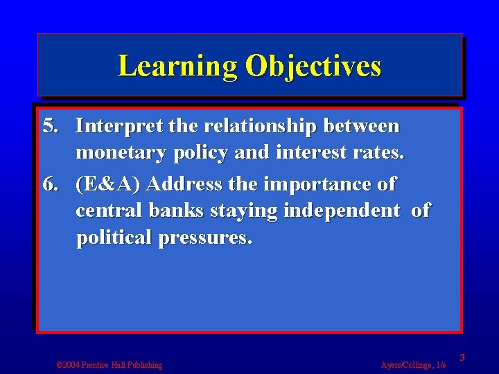 Learning Objectives 5. Interpret the relationship between monetary policy and interest rates. 6. (E&A)
