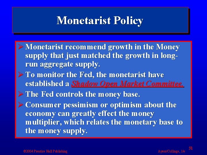 Monetarist Policy Ø Monetarist recommend growth in the Money supply that just matched the