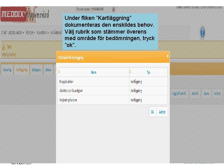 Under fliken ”Kartläggning” dokumenteras den enskildes behov. Välj rubrik som stämmer överens med område