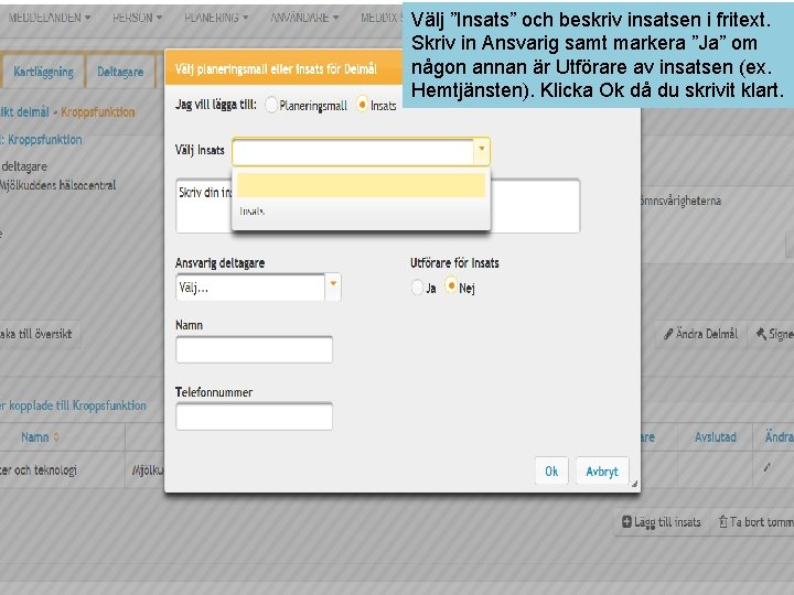 Välj ”Insats” och beskriv insatsen i fritext. Skriv in Ansvarig samt markera ”Ja” om