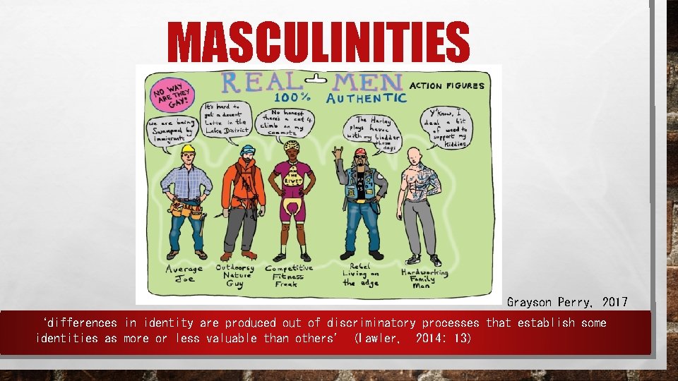 MASCULINITIES Grayson Perry, 2017 ‘differences in identity are produced out of discriminatory processes that