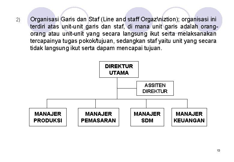 2) Organisasi Garis dan Staf (Line and staff Orgazniztion); organisasi ini terdiri atas unit-unit