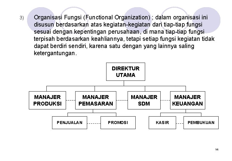 3) Organisasi Fungsi (Functional Organization) ; dalam organisasi ini disusun berdasarkan atas kegiatan-kegiatan dari