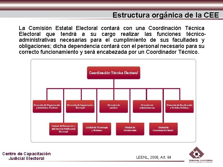 Estructura orgánica de la CEE La Comisión Estatal Electoral contará con una Coordinación Técnica