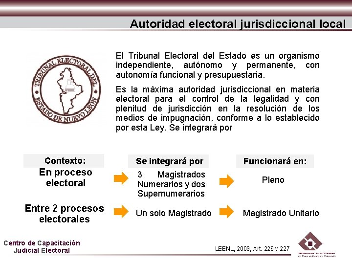 Autoridad electoral jurisdiccional local El Tribunal Electoral del Estado es un organismo independiente, autónomo