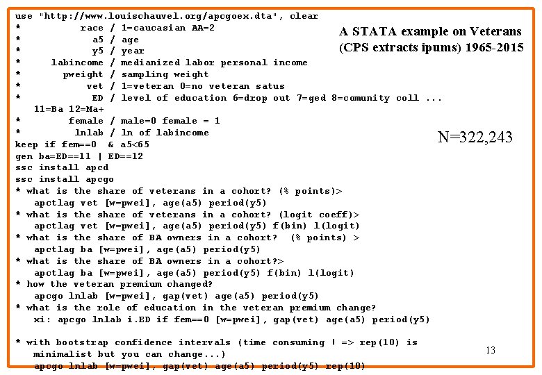 use "http: //www. louischauvel. org/apcgoex. dta", clear * race / 1=caucasian AA=2 A STATA