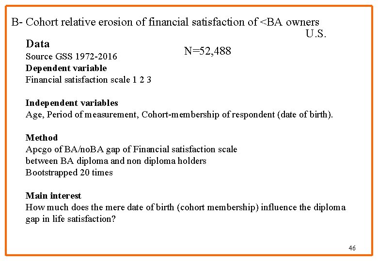 B- Cohort relative erosion of financial satisfaction of <BA owners U. S. Data N=52,