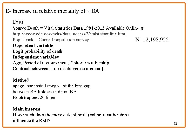 E- Increase in relative mortality of < BA Data Source Death = Vital Statistics