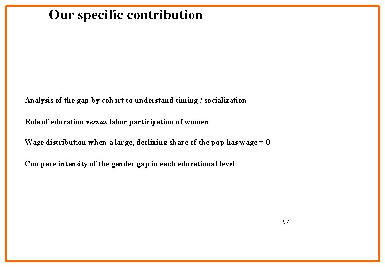 Our specific contribution Analysis of the gap by cohort to understand timing / socialization