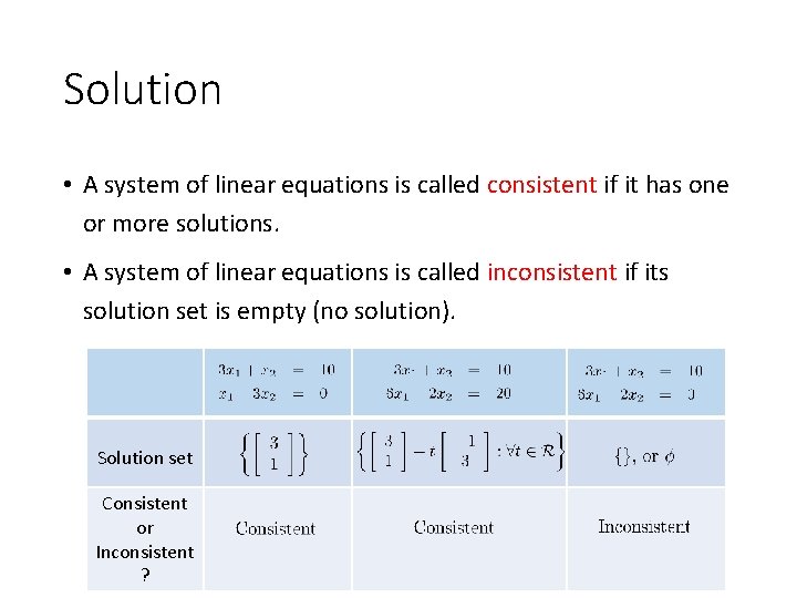 Solution • A system of linear equations is called consistent if it has one