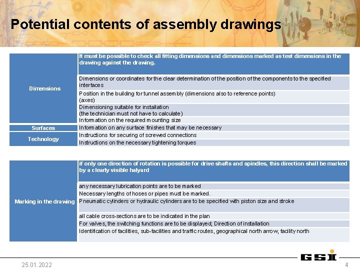 Potential contents of assembly drawings It must be possible to check all fitting dimensions