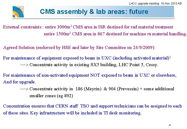 LHCC upgrade meeting 16 Nov 2010 AB CMS assembly & lab areas: future External