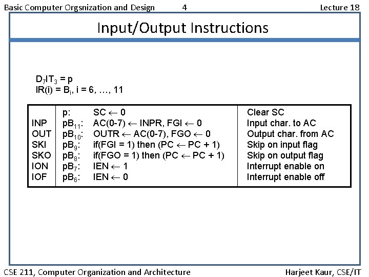 Basic Computer Orgsnization and Design 4 Lecture 18 Input/Output Instructions D 7 IT 3