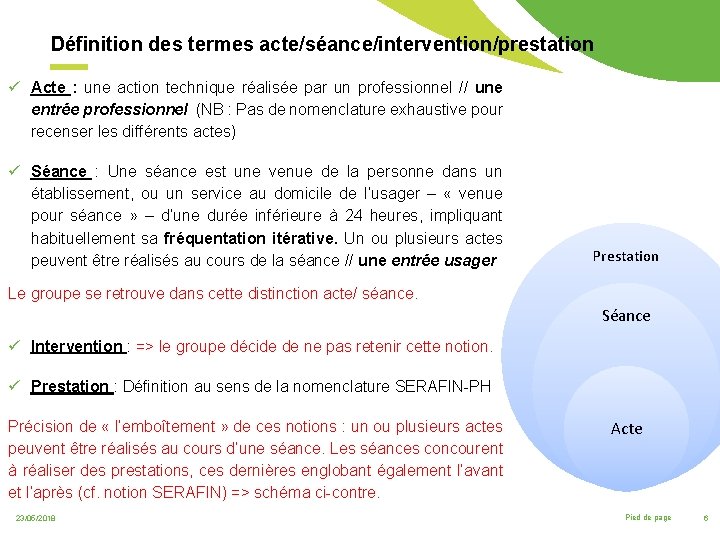 Définition des termes acte/séance/intervention/prestation ü Acte : une action technique réalisée par un professionnel