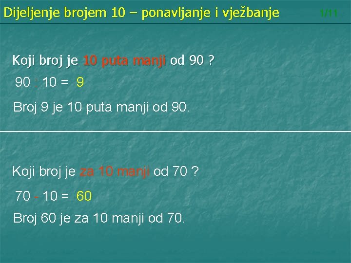 Dijeljenje brojem 10 – ponavljanje i vježbanje Koji broj je 10 puta manji od