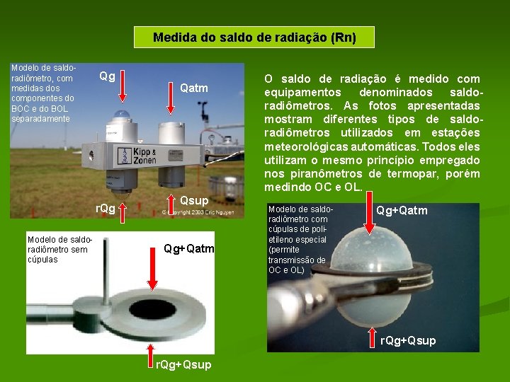 Medida do saldo de radiação (Rn) Modelo de saldoradiômetro, com medidas dos componentes do