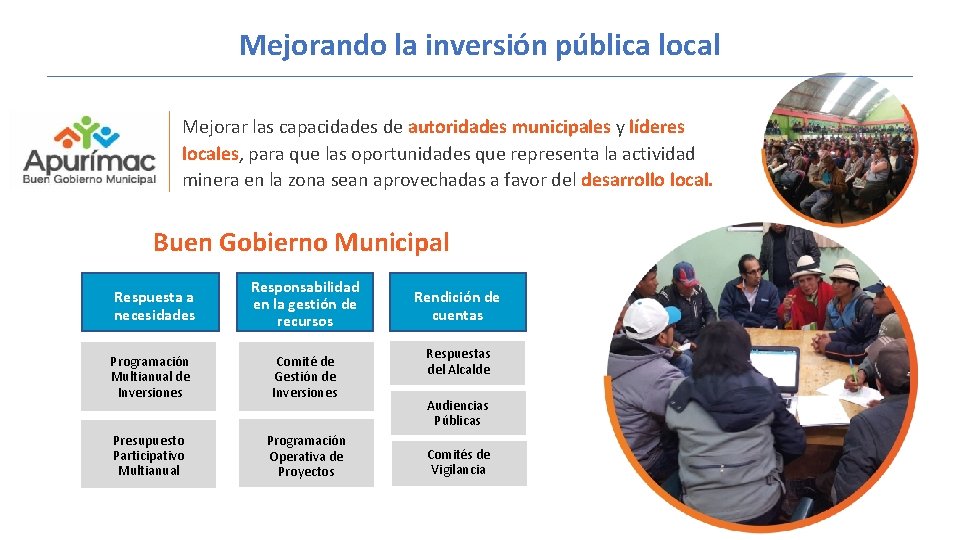 Mejorando la inversión pública local Mejorar las capacidades de autoridades municipales y líderes locales,