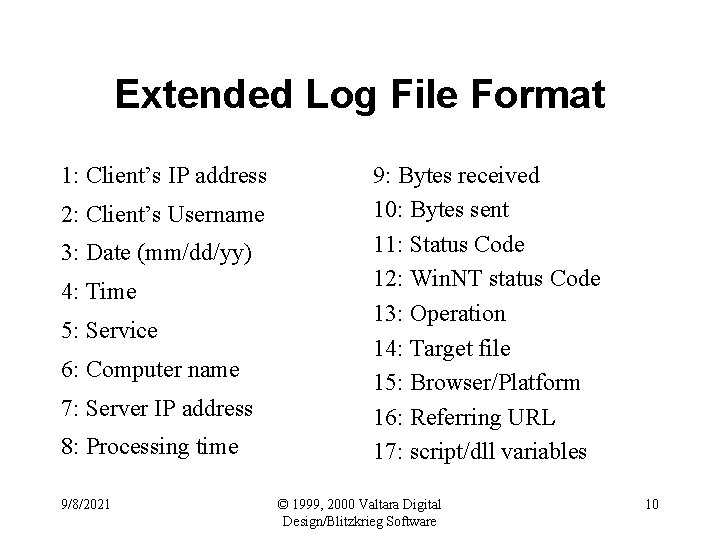 Extended Log File Format 1: Client’s IP address 2: Client’s Username 3: Date (mm/dd/yy)