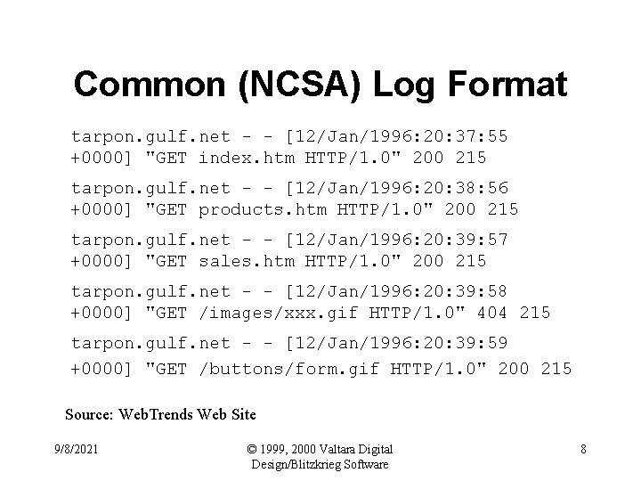 Common (NCSA) Log Format tarpon. gulf. net - - [12/Jan/1996: 20: 37: 55 +0000]