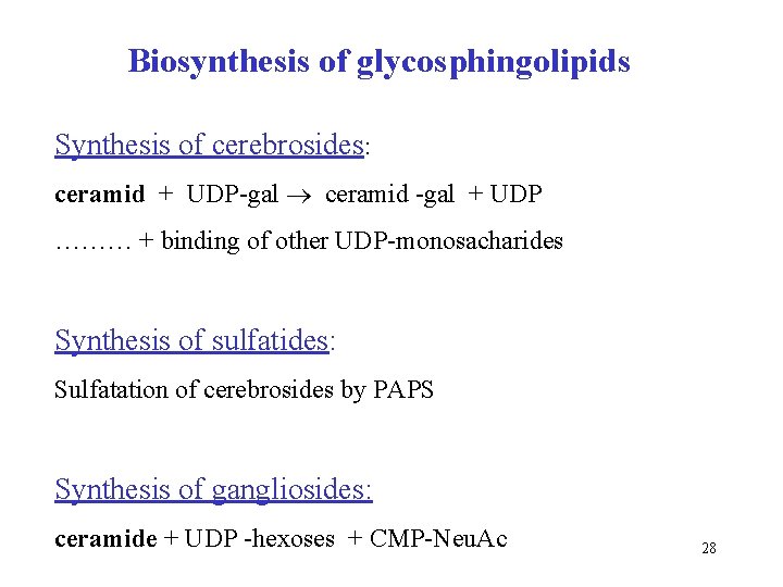 Biosynthesis of glycosphingolipids Synthesis of cerebrosides: ceramid + UDP-gal ceramid -gal + UDP ………