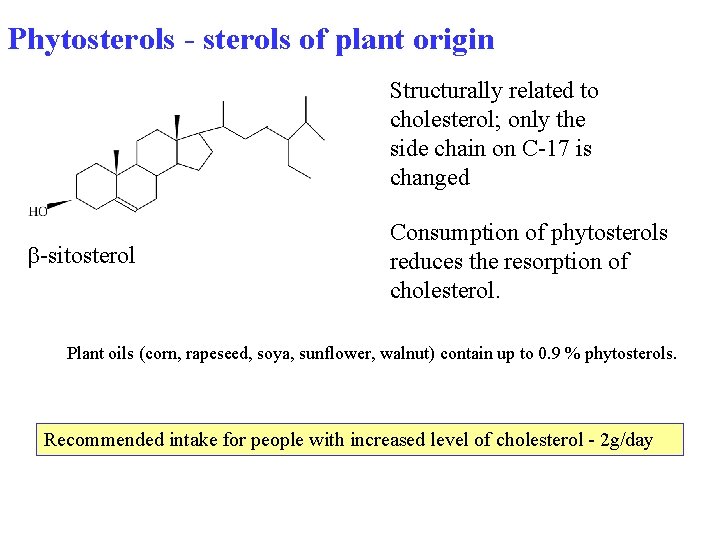 Phytosterols - sterols of plant origin Structurally related to cholesterol; only the side chain