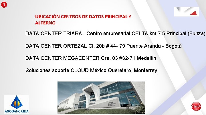 1 UBICACIÓN CENTROS DE DATOS PRINCIPAL Y ALTERNO DATA CENTER TRIARA: Centro empresarial CELTA