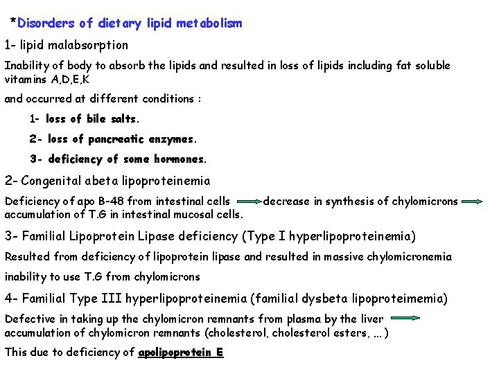 *Disorders of dietary lipid metabolism 1 - lipid malabsorption Inability of body to absorb