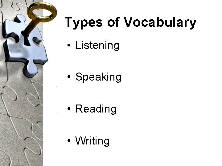 Types of Vocabulary • Listening • Speaking • Reading • Writing 