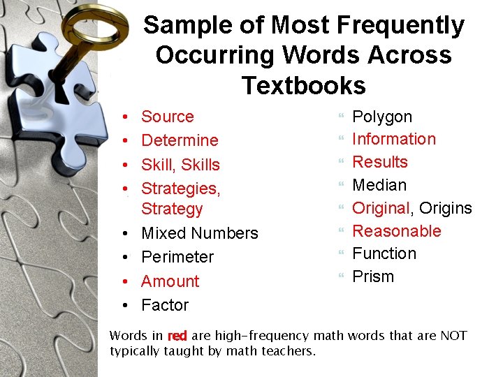 Sample of Most Frequently Occurring Words Across Textbooks • • Source Determine Skill, Skills