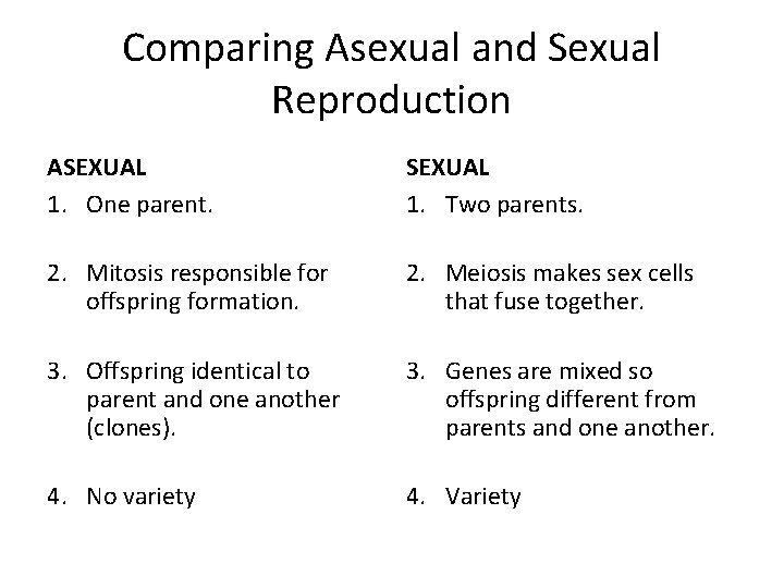 Comparing Asexual and Sexual Reproduction ASEXUAL 1. One parent. SEXUAL 1. Two parents. 2.
