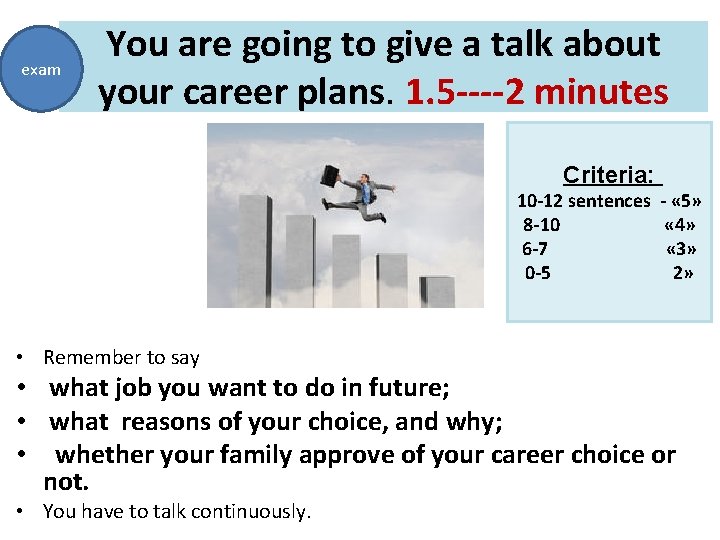 exam You are going to give a talk about your career plans. 1. 5