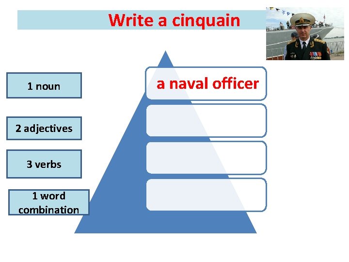 Write a cinquain 1 noun 2 adjectives 3 verbs 1 word combination a naval