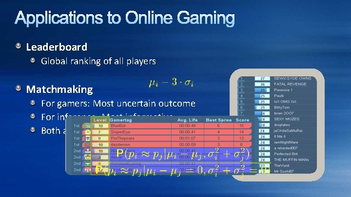 Applications to Online Gaming Leaderboard Global ranking of all players Matchmaking For gamers: Most