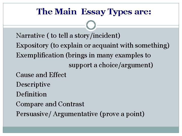 The Main Essay Types are: Narrative ( to tell a story/incident) Expository (to explain