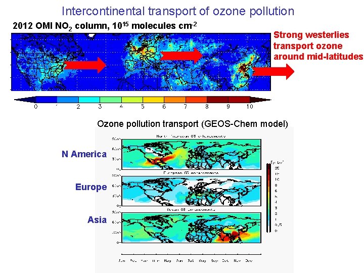Intercontinental transport of ozone pollution 2012 OMI NO 2 column, 1015 molecules cm-2 Strong