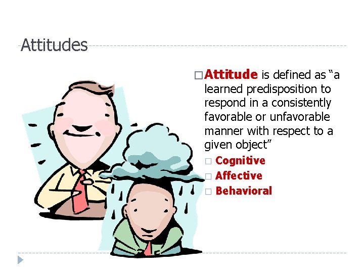 Attitudes � Attitude is defined as “a learned predisposition to respond in a consistently