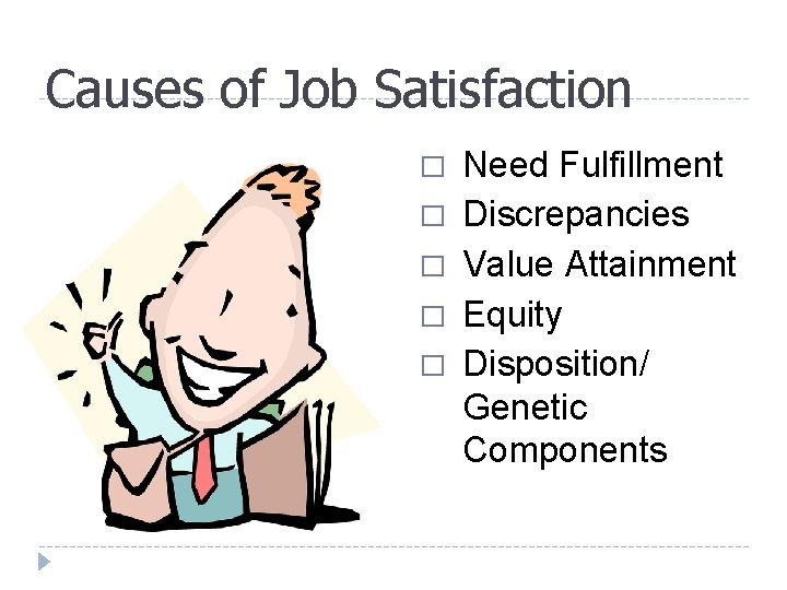 Causes of Job Satisfaction � � � Need Fulfillment Discrepancies Value Attainment Equity Disposition/