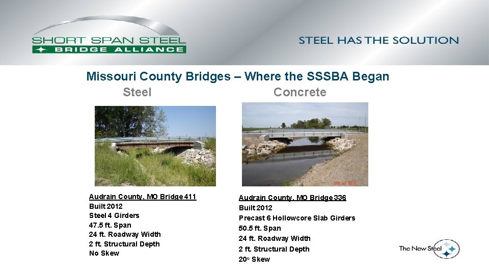 Missouri County Bridges – Where the SSSBA Began Steel Concrete Audrain County, MO Bridge