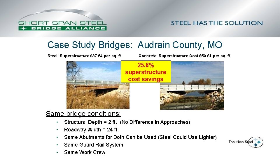 Case Study Bridges: Audrain County, MO Steel: Superstructure $37. 54 per sq. ft. Concrete: