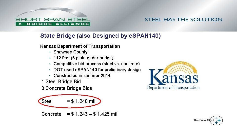 State Bridge (also Designed by e. SPAN 140) Kansas Department of Transportation • Shawnee