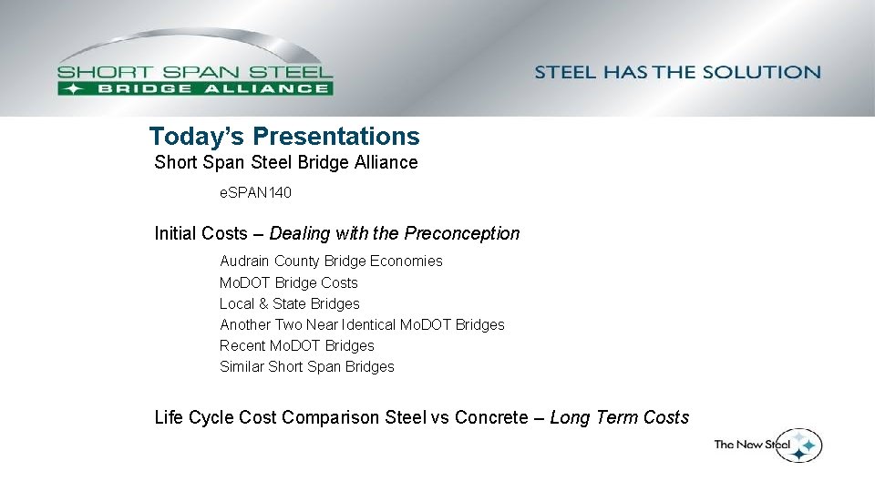 Today’s Presentations Short Span Steel Bridge Alliance e. SPAN 140 Initial Costs – Dealing