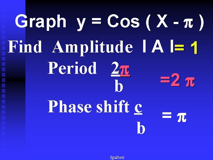 Graph y = Cos ( X - ) Find Amplitude l A l= 1