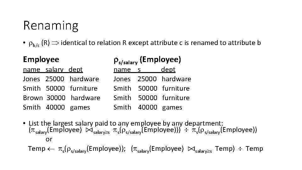 Renaming • b/c (R) identical to relation R except attribute c is renamed to