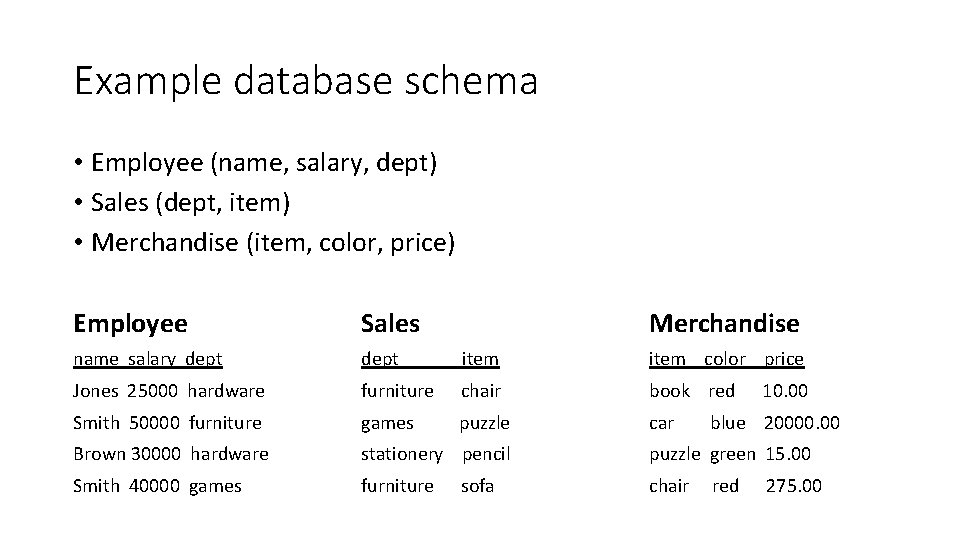 Example database schema • Employee (name, salary, dept) • Sales (dept, item) • Merchandise