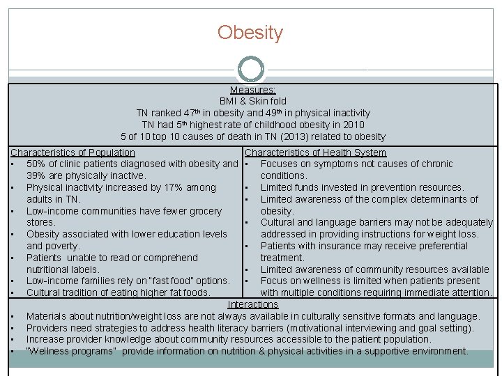 Obesity Measures: BMI & Skin fold th TN ranked 47 in obesity and 49