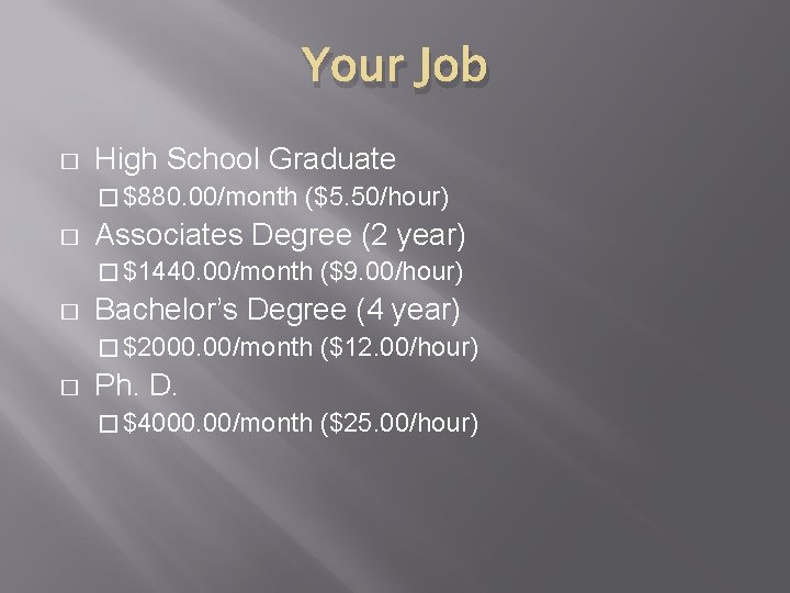 Your Job � High School Graduate � $880. 00/month � ($5. 50/hour) Associates Degree