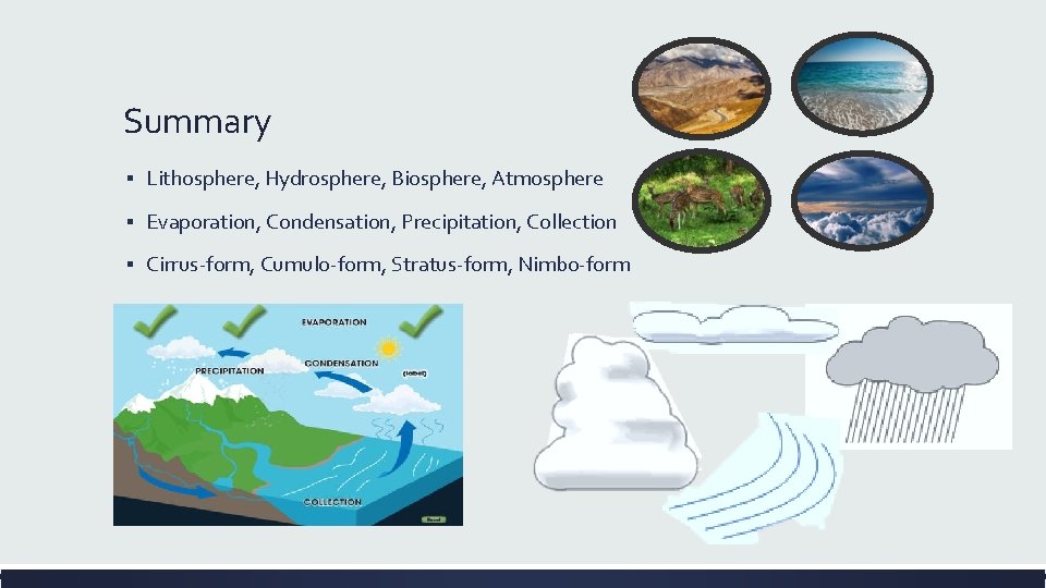 Summary ▪ Lithosphere, Hydrosphere, Biosphere, Atmosphere ▪ Evaporation, Condensation, Precipitation, Collection ▪ Cirrus-form, Cumulo-form,