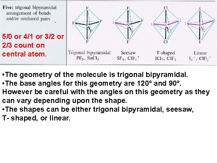 5/0 or 4/1 or 3/2 or 2/3 count on central atom. • The geometry