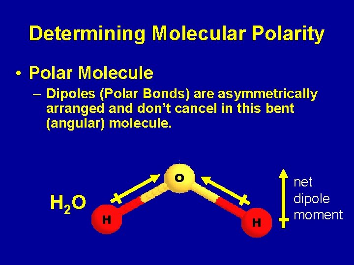 Determining Molecular Polarity • Polar Molecule – Dipoles (Polar Bonds) are asymmetrically arranged and