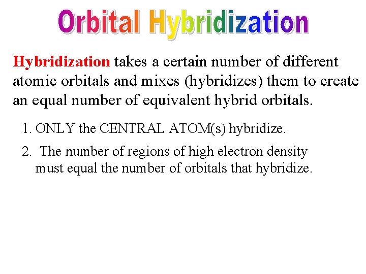 Hybridization takes a certain number of different atomic orbitals and mixes (hybridizes) them to